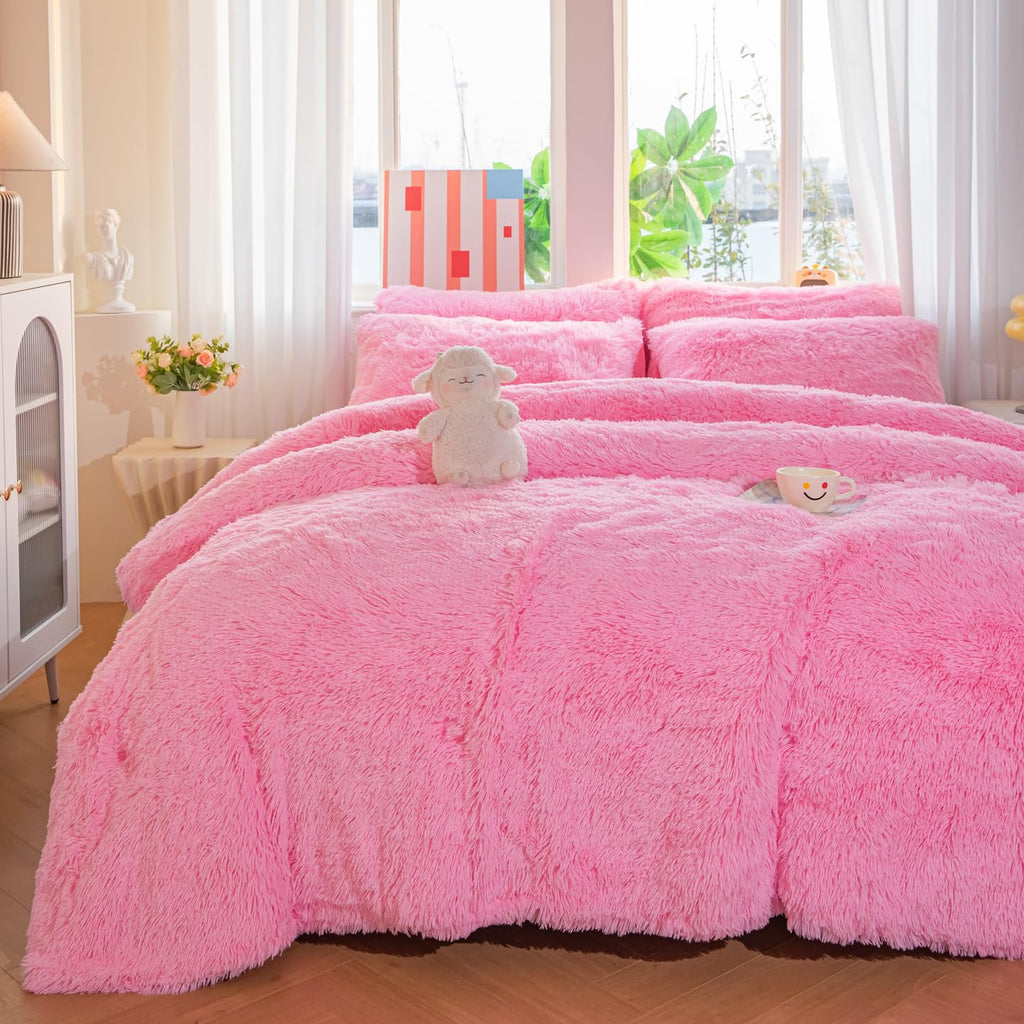 Faux Fur Plush Pink Comforter Sets - Ultra Soft Shaggy Flannel Velvet Fluffy Fuzzy 3PC Bedding Sets