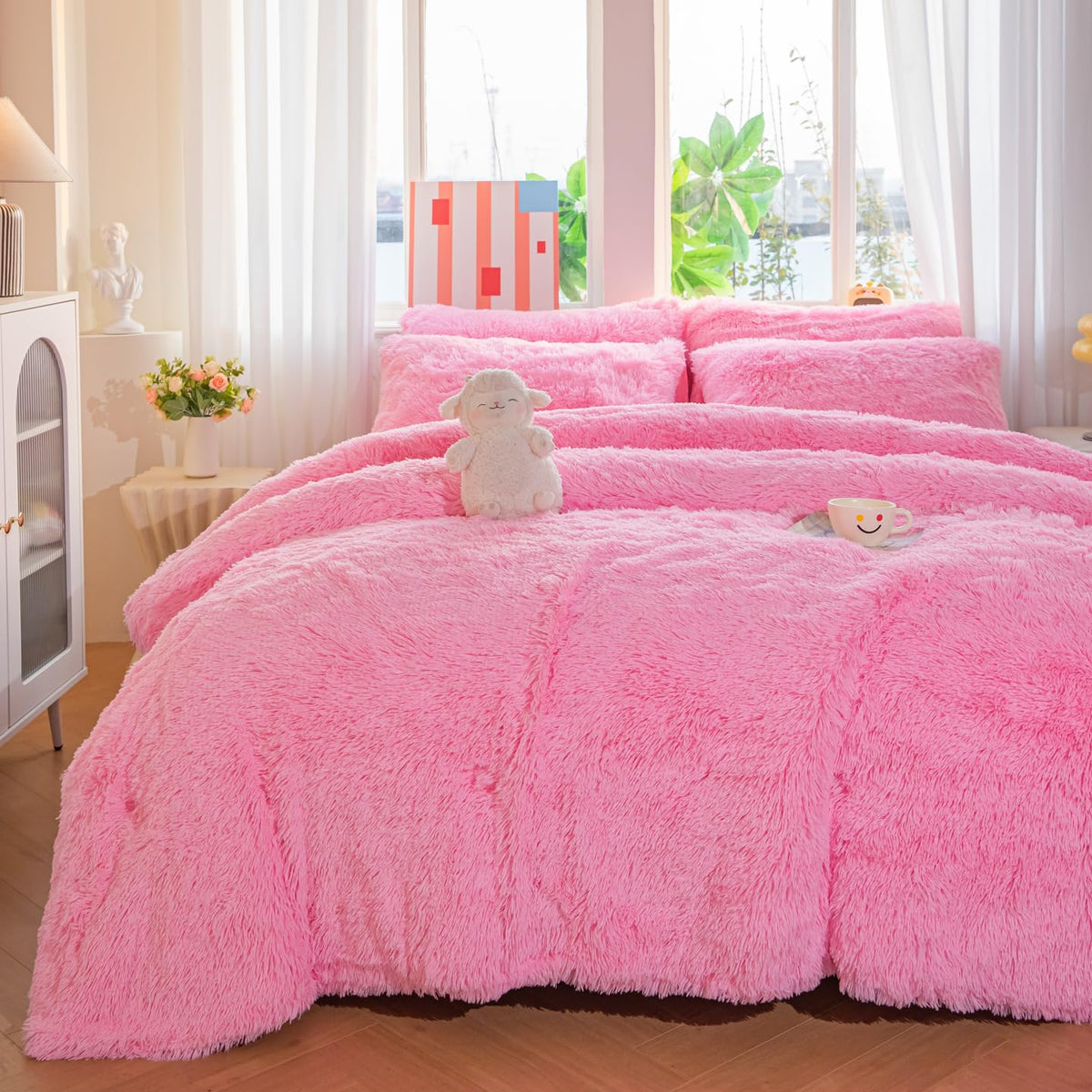 Faux Fur Plush Pink Comforter Sets - Ultra Soft Shaggy Flannel Velvet Fluffy Fuzzy 3PC Bedding Sets
