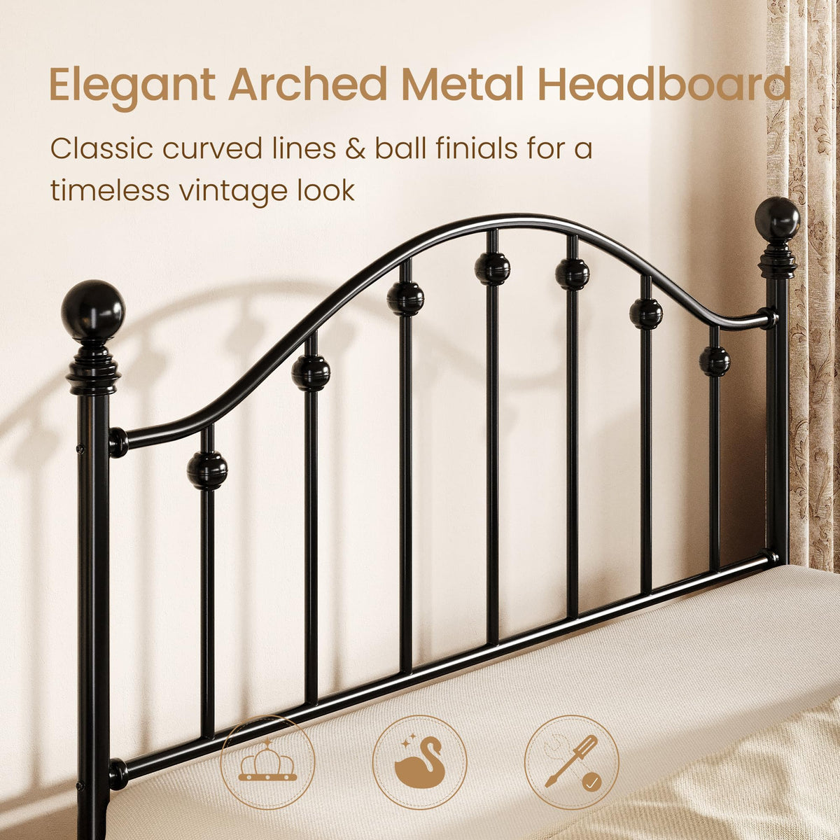 Metal Bed Frame, Victorian Headboard & Footboard, Black