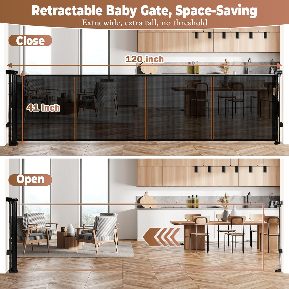 120" Retractable Baby Gate Extra Wide, 41" Tall Retractable Dog Gate for Stairs, Doorways, Decks, Mesh Gate Long