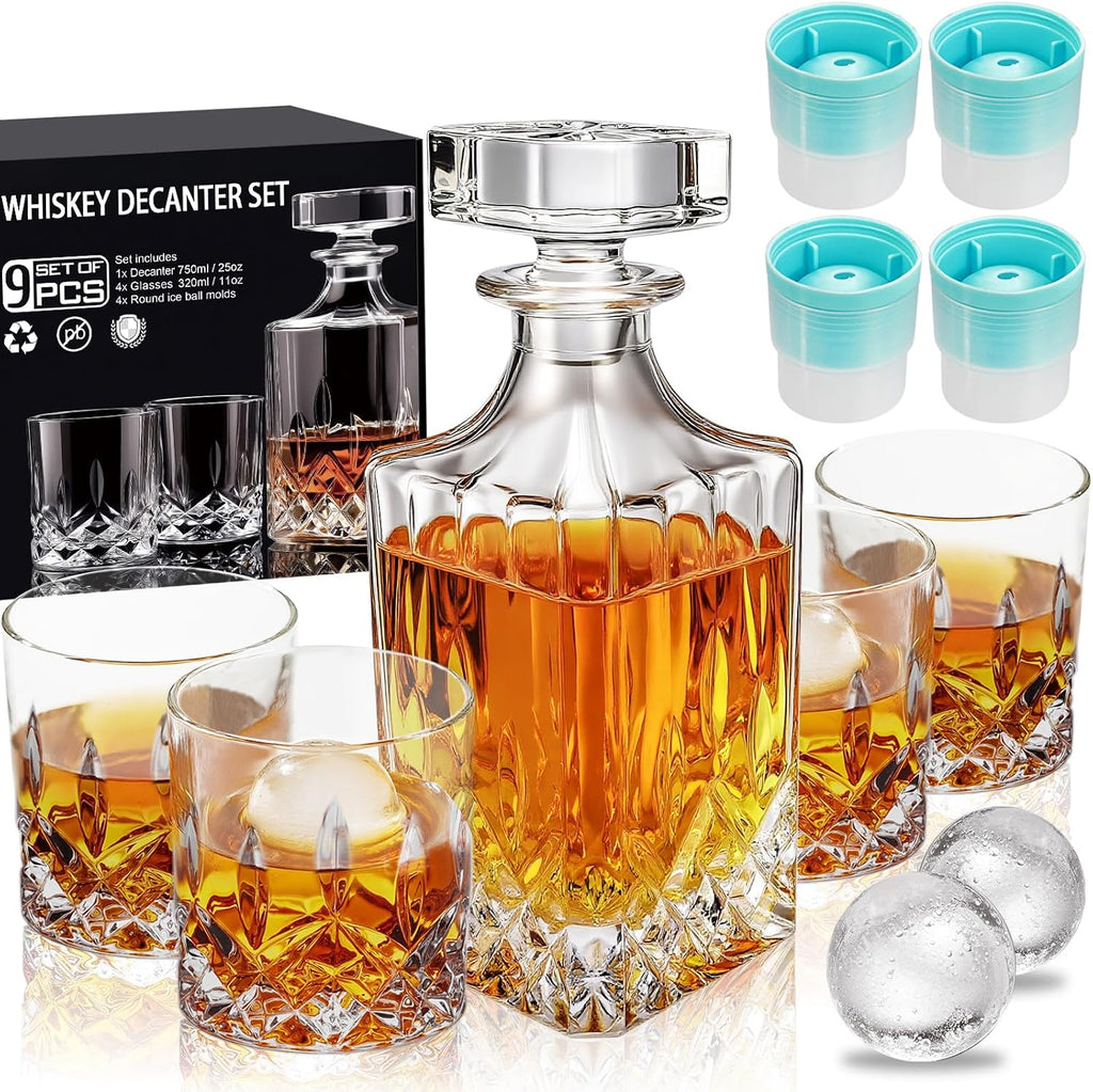Whiskey Decanter Set for Men, 4*Crystal Whiskey Glasses(Get 4 Silicone Ice Mold Free), Lead-Free Decanter Set - Set of 9