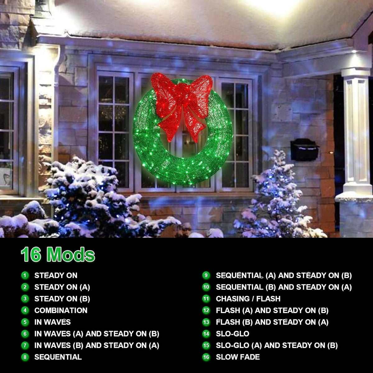 48in Pre-Lit Outdoor Christmas Wreath Decoration, 234LED Lights Metal Holiday Decor , Bow - Green/Red
