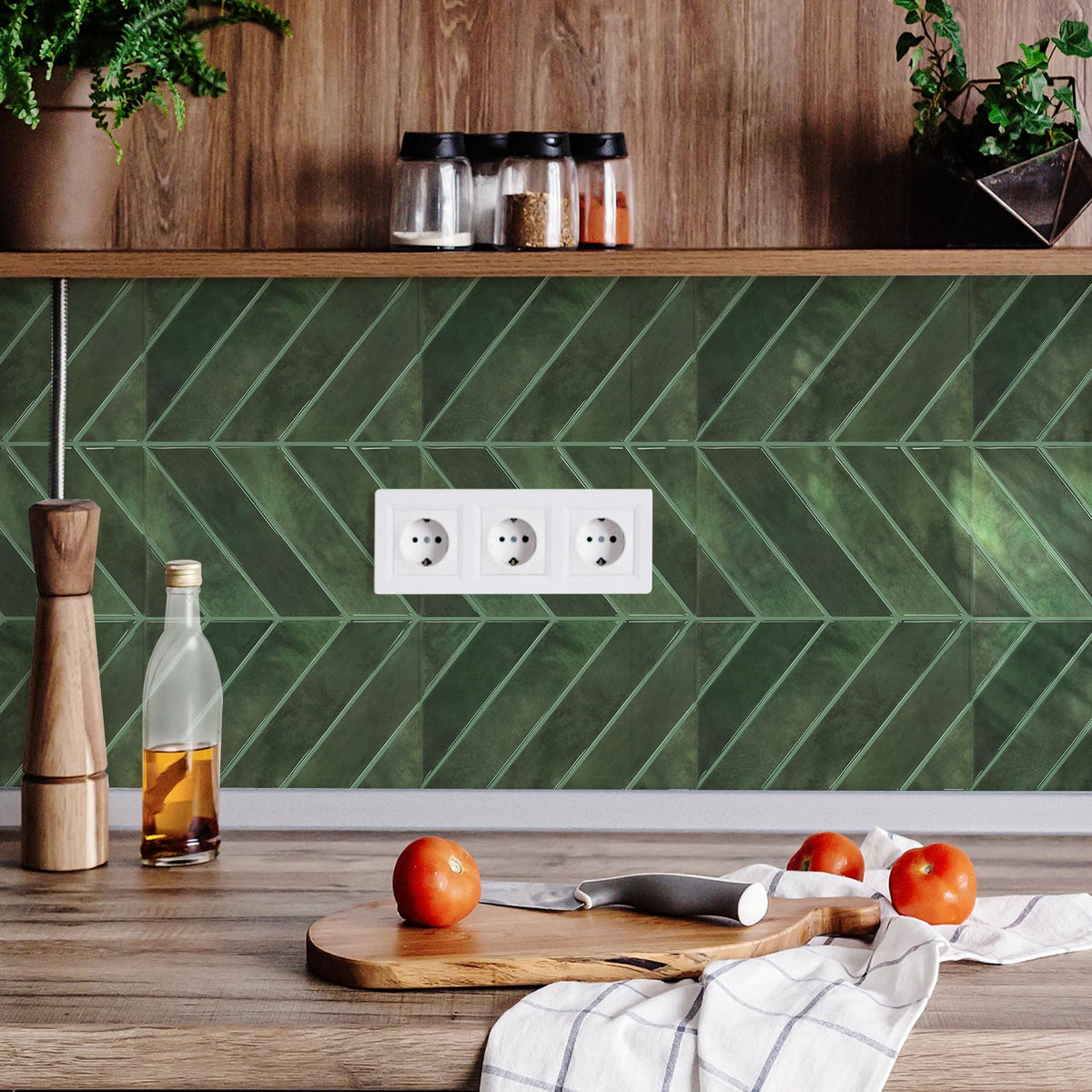 Herringbone Peel and Stick Backsplash, Green, 10 Sheets