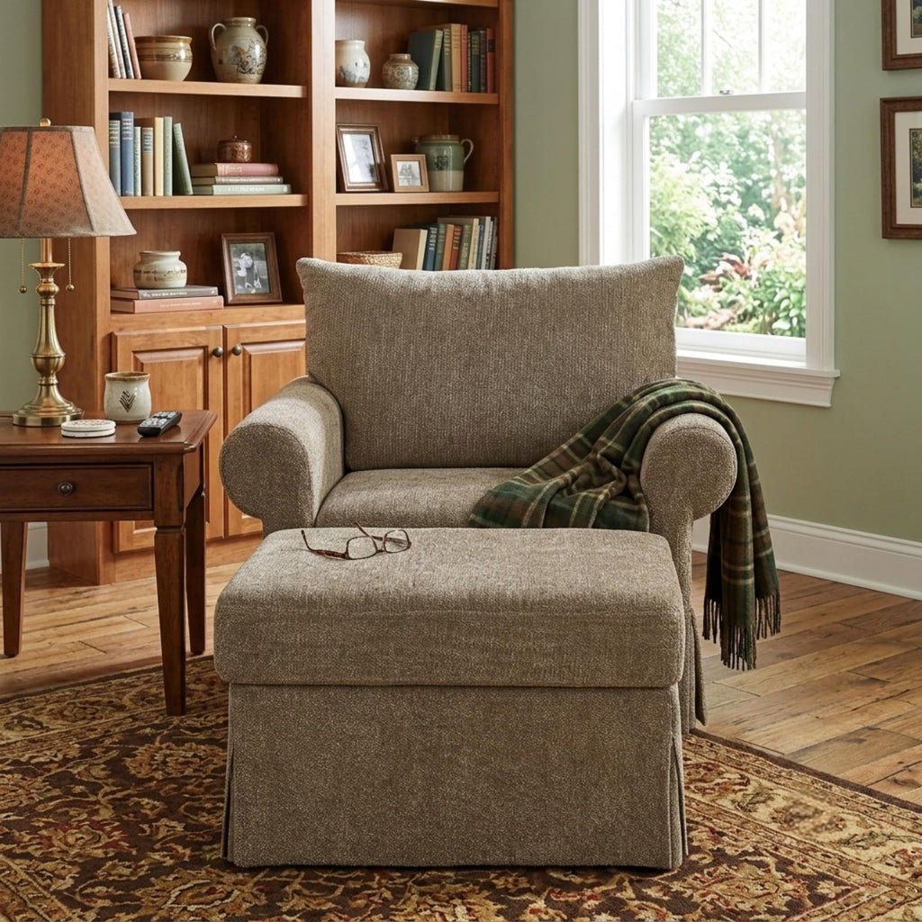 Modern Chenille Accent Chair with Ottoman for Small Space, Comfy Upholstered Reading Chairs Lounge Armchair with Foot