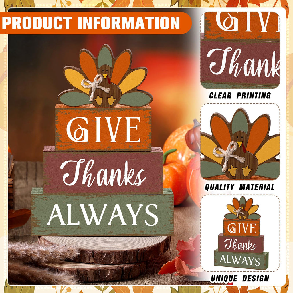 4 Pcs Thanksgiving Turkey Table Decor Wooden Sign Blocks