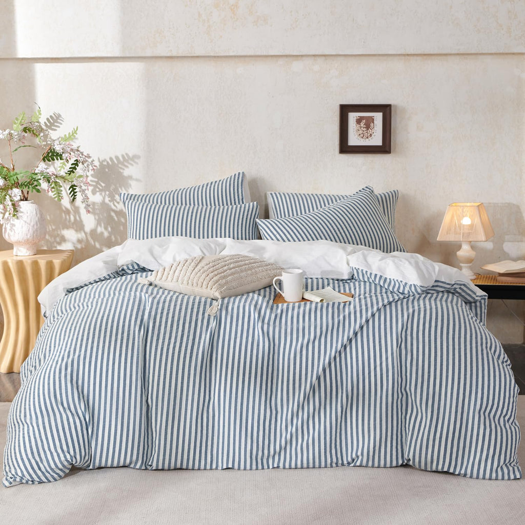 Denim Blue Duvet Cover Queen Striped Washed Cotton Jacquard 3 Pieces Blue Queen Striped Bedding Sets, with Zipper