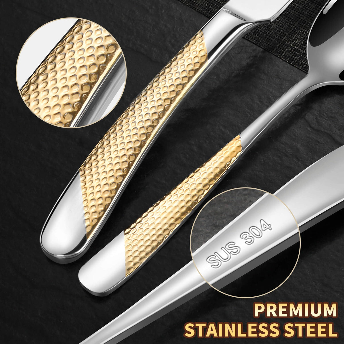 Hammered 30-Pieces Silver Gold Silverware Set for 6 with Serrated Forging Knives, 18/10 Stainless Steel Modern