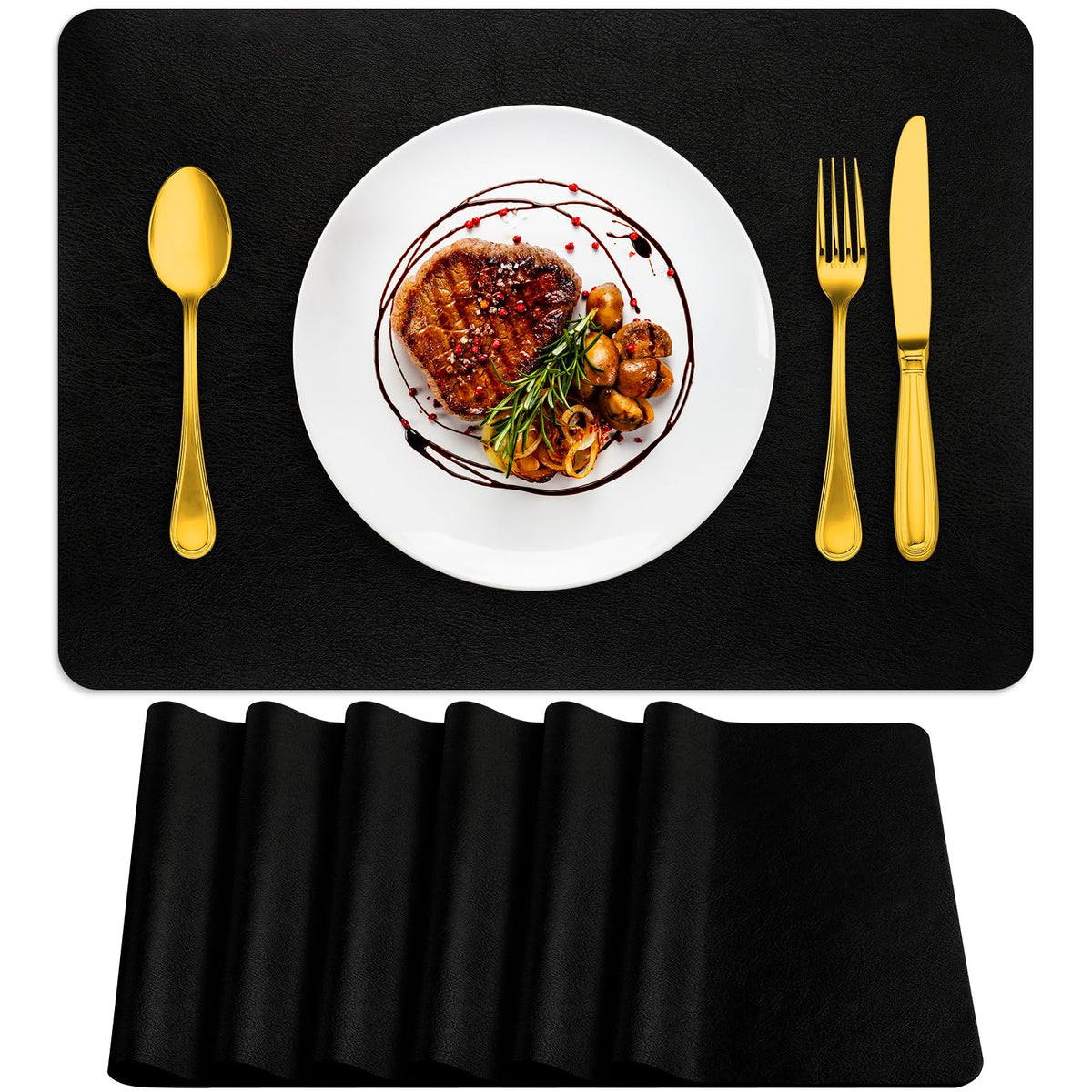 Fall Placemats Set of 6, Heat Resistant Faux Leather, Black
