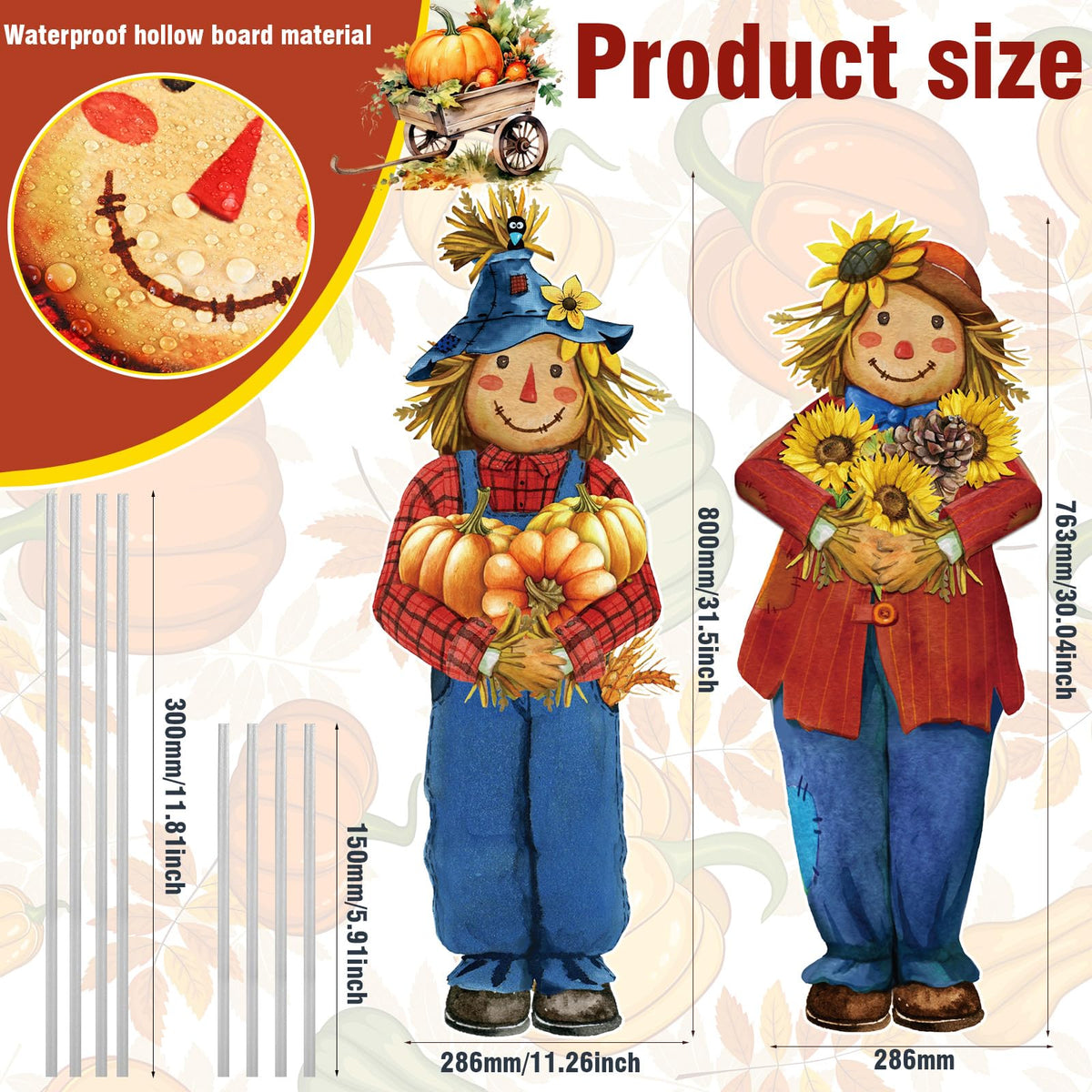2 Pcs Scarecrow Yard Signs with Stakes Fall Decor 31.5", Scarecrow