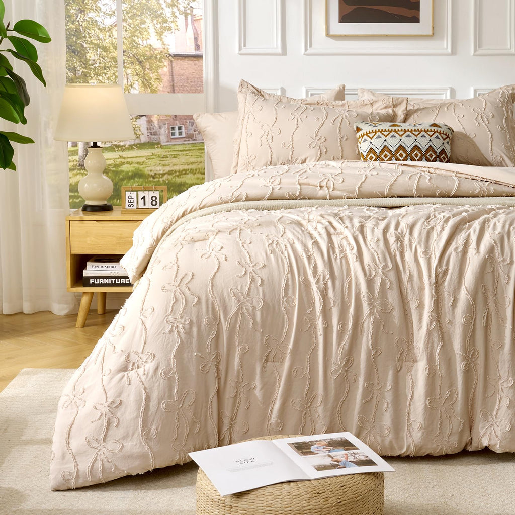 7 Pieces Bow Tufted Boho Comforter Set Khaki Farmhouse Shabby Chic Embroidered Bedding for All Seasons Queen Size