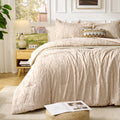 7 Pieces Bow Tufted Boho Comforter Set Khaki Farmhouse Shabby Chic Embroidered Bedding for All Seasons Queen Size
