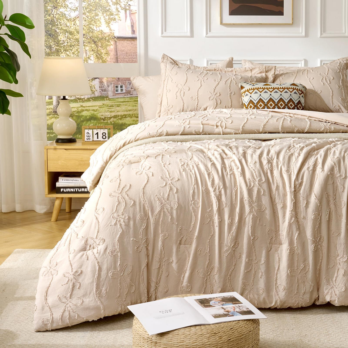 7 Pieces Bow Tufted Boho Comforter Set Khaki Farmhouse Shabby Chic Embroidered Bedding for All Seasons Queen Size