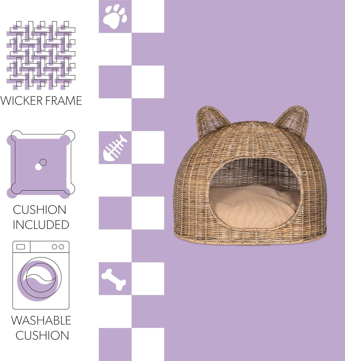 Cat Ear 20" x 14.5" Coastal Handwoven Rattan Cat Bed with Machine-Washable Cushion, Natural
