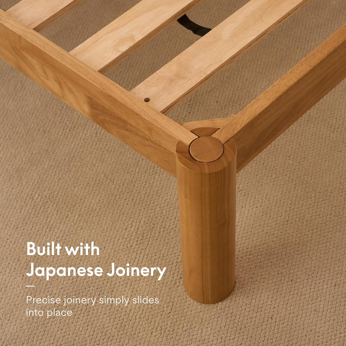 Hako G2 Japanese Joinery Bed Frame, Solid Rubberwood Queen Platform Bed with Storage Headboard, IAS&SGS Certified