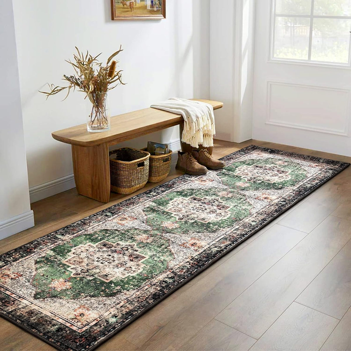 Runner Rug Green Boho Area Rugs for Hallway Indoor Laundry Room Bathroom Lightweight Non Slip Vintage Rug
