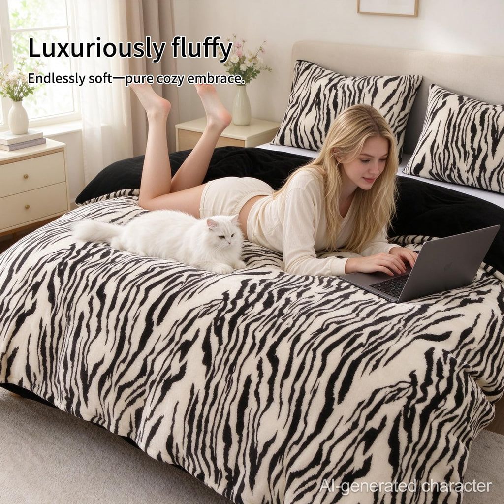 Zebra Flannel Fluffy Duvet Cover Set Soft Faux Fur Fuzzy Plush