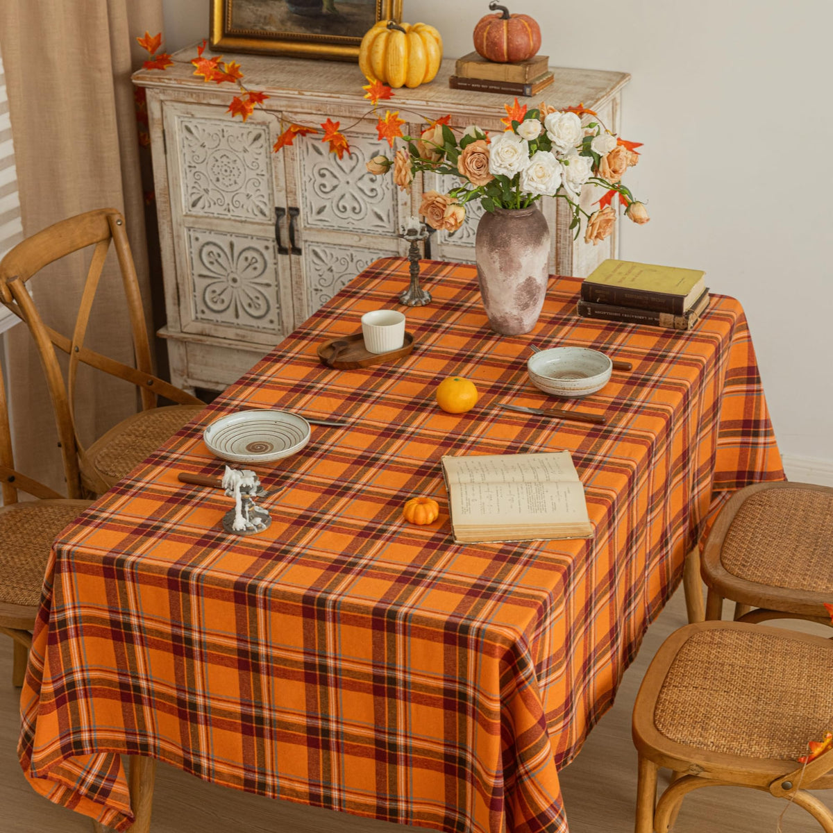 Plaid Fall Tablecloth Thanksgiving Rectangle 60x104 Inch Orange Red