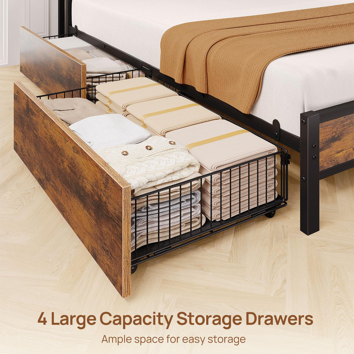 Bed Frame Full Size with Charging Station and LED Lights, Upholstered Storage Headboard with Drawers, Heavy Duty