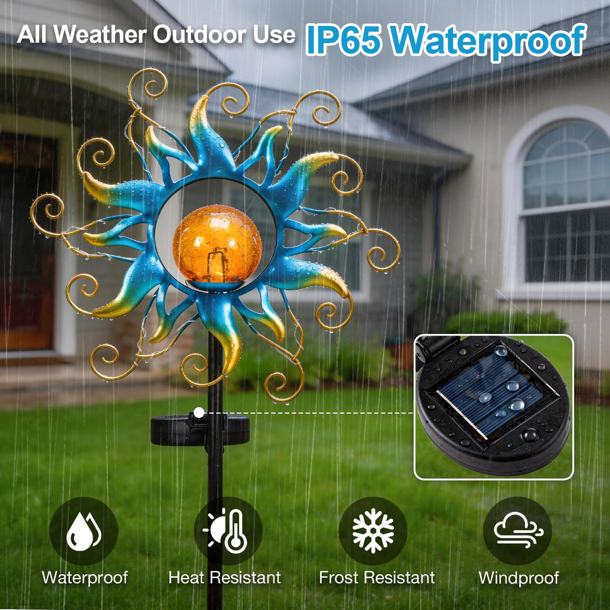Solar Lights Outdoor Garden Decor, Blue Metal Sun Crackle Glass Globe Stake Waterproof 30LED Decorations Unique Gifts