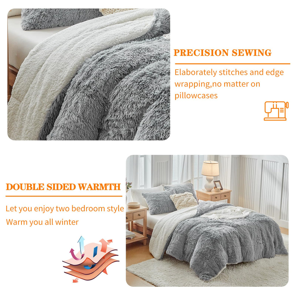 Gray Faux Fur Comforter Set 3 Pieces - 1 Shaggy Comforter 104x90 and 2 Pillowcases, Ultra Soft and Easy Care