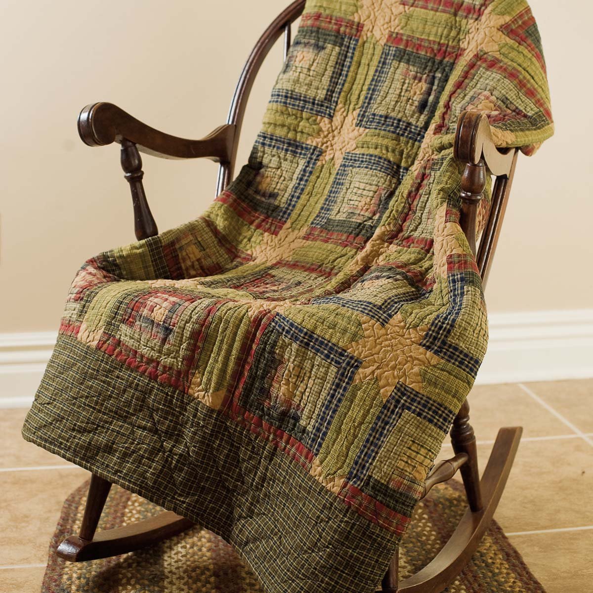 Tea Cabin Throw Quilted 60x50 Log Cabin Country Rustic Lodge Design, Moss Green and Deep Red