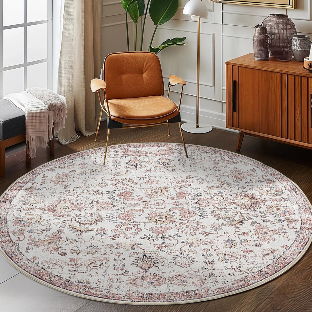 8ft Vintage Floral Round Rug, Circle Washable Rug, Red
