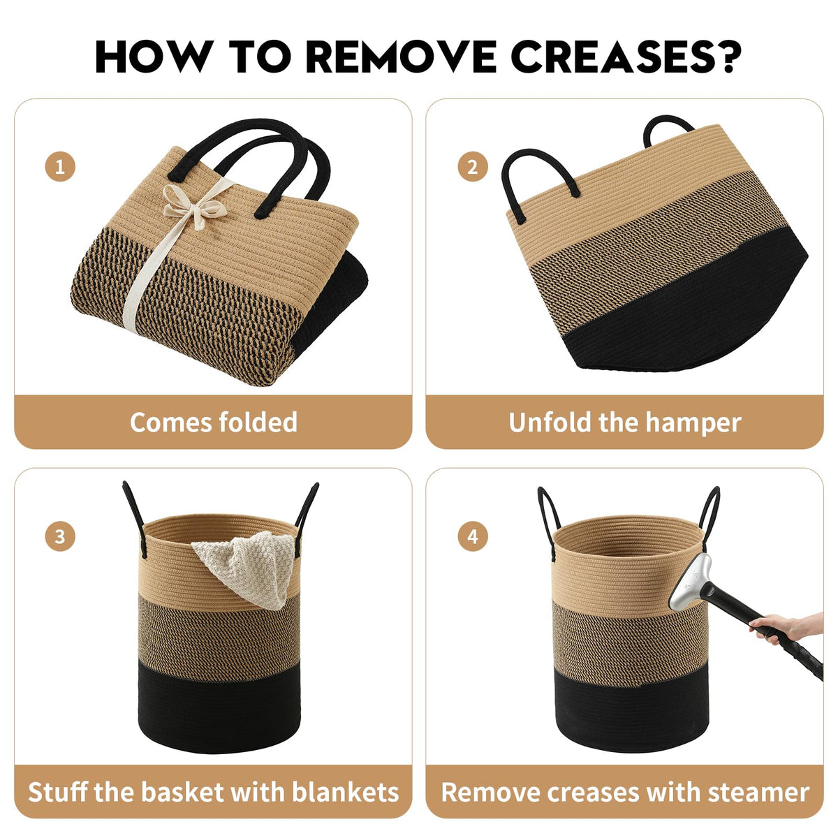 Basket Hamper Tall Rope Storage Woven for Blanket toys Dirty Clothes Bathroom Bedroom (Jute Brown & Black