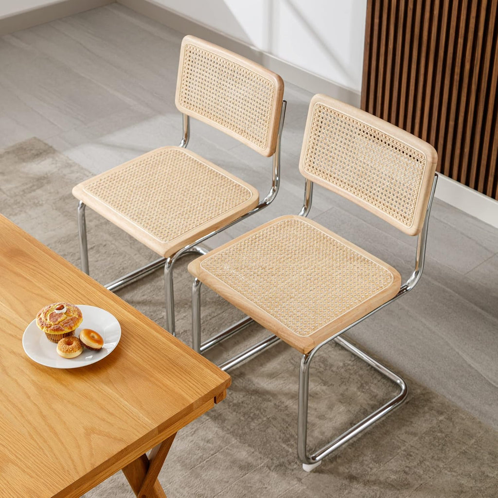 Rattan Cantilever Dining Chairs Set of 2, Boho Modern Dining Chairs with Rattan Back and Curved Steel Base for Kitchen or Living Room, Natural