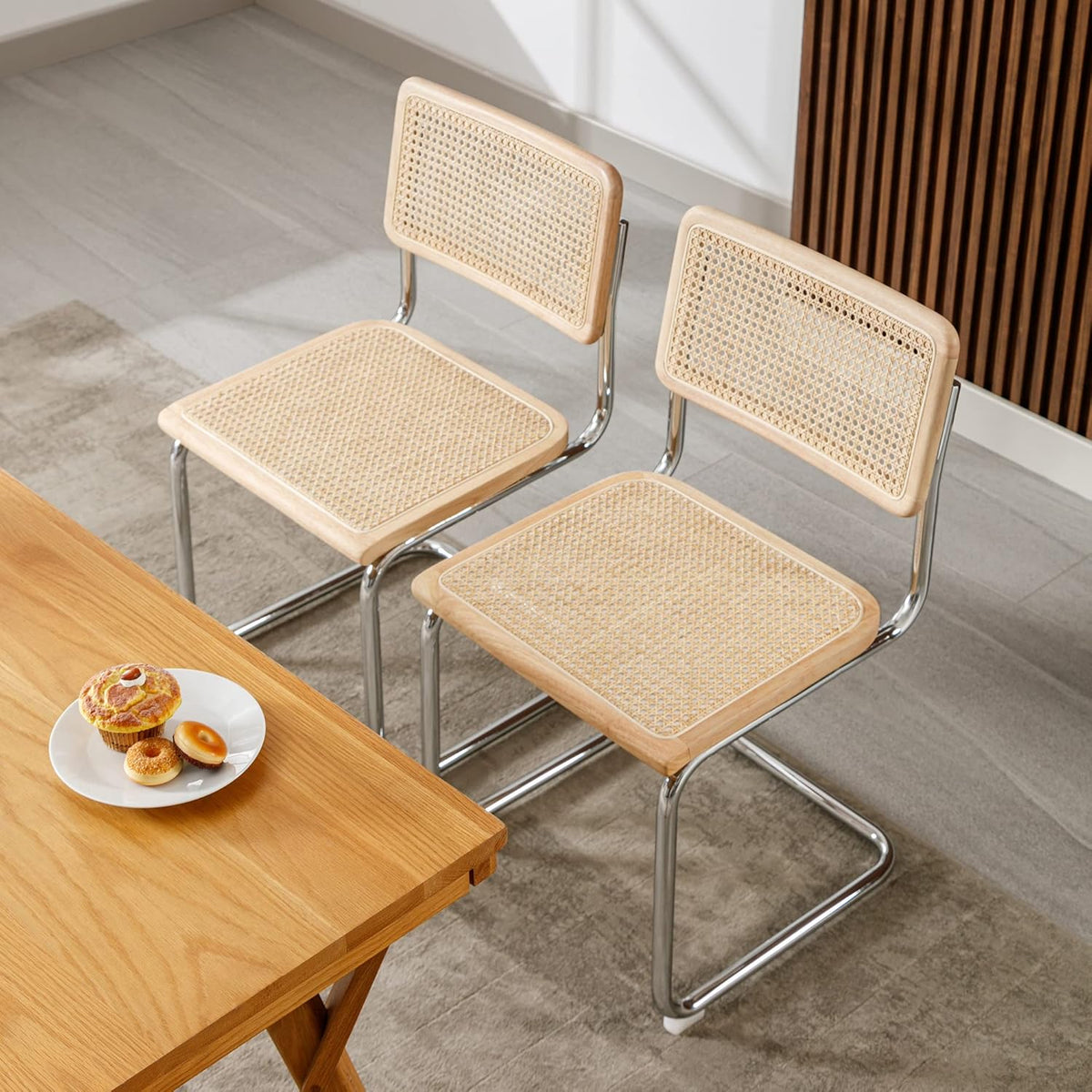Rattan Cantilever Dining Chairs Set of 2, Boho Modern Dining Chairs with Rattan Back and Curved Steel Base for Kitchen or Living Room, Natural