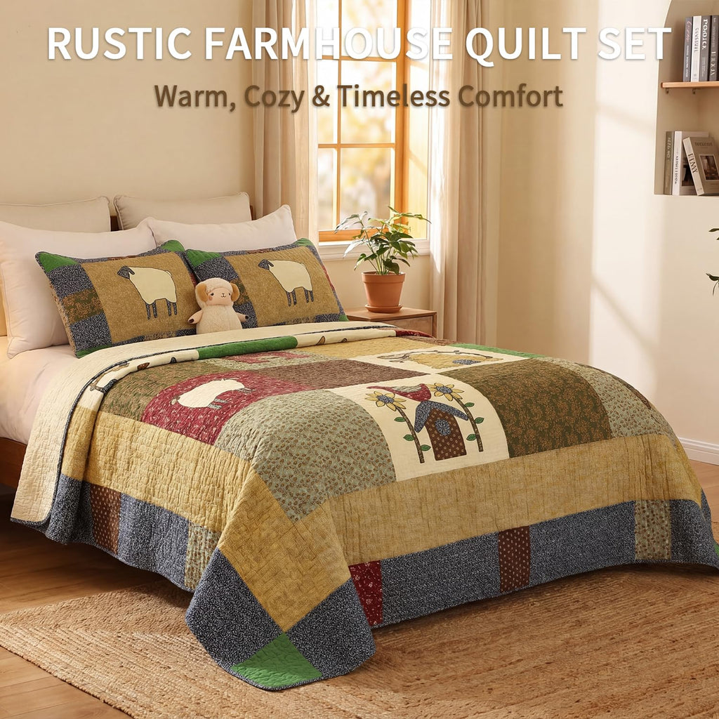 100% Cotton Patchwork Quilt Set, Farmhouse Bedding, 3-Piece