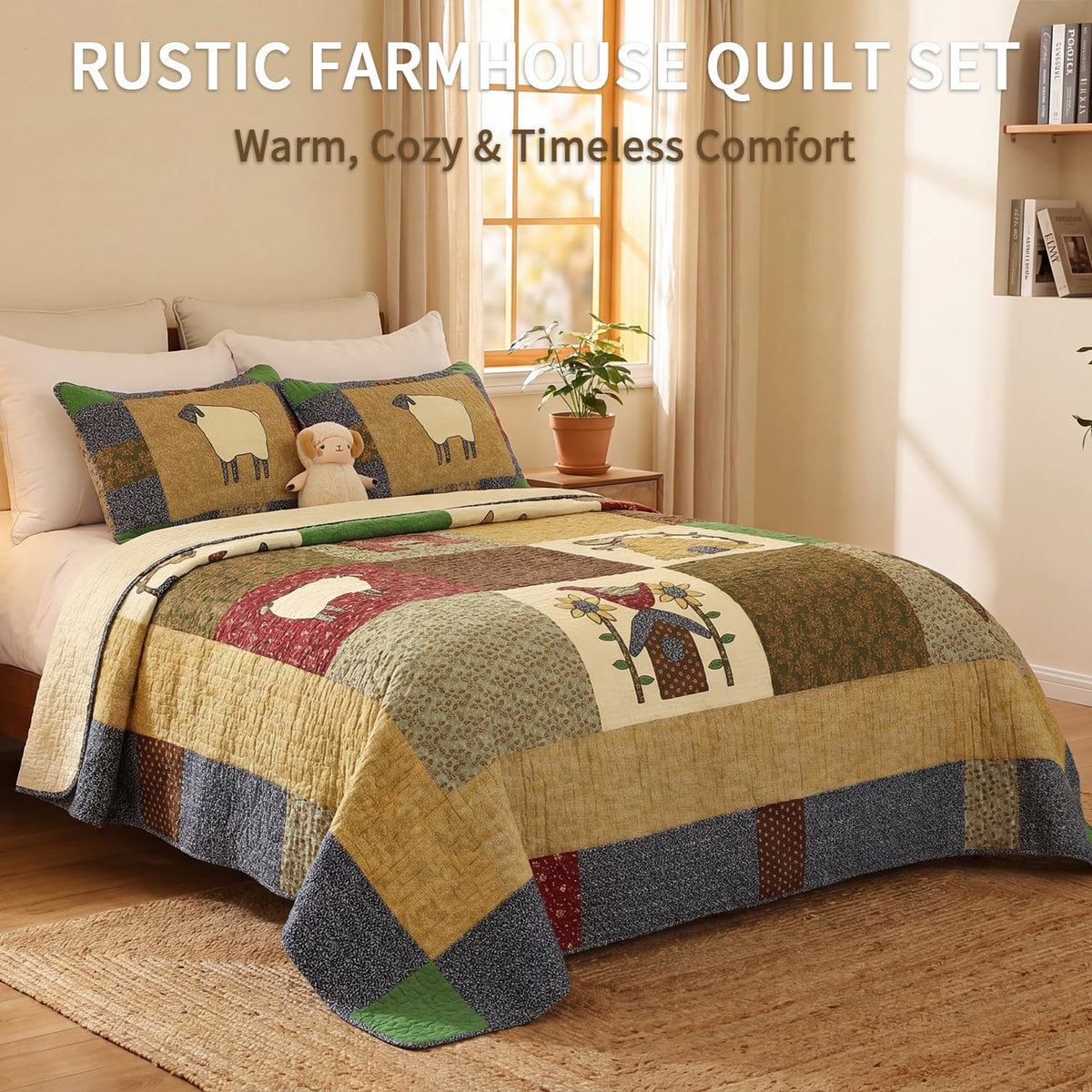 100% Cotton Patchwork Quilt Set, Farmhouse Bedding, 3-Piece