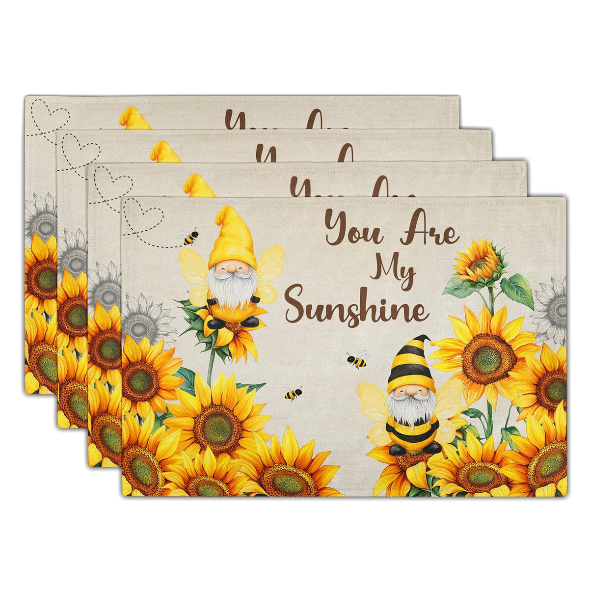 Bee Gnomes Placemats Set of 4, 12x18 Inch Vintage Summer Sunflowers Linen Place Mat, Sunshine Floral Heat Resistant