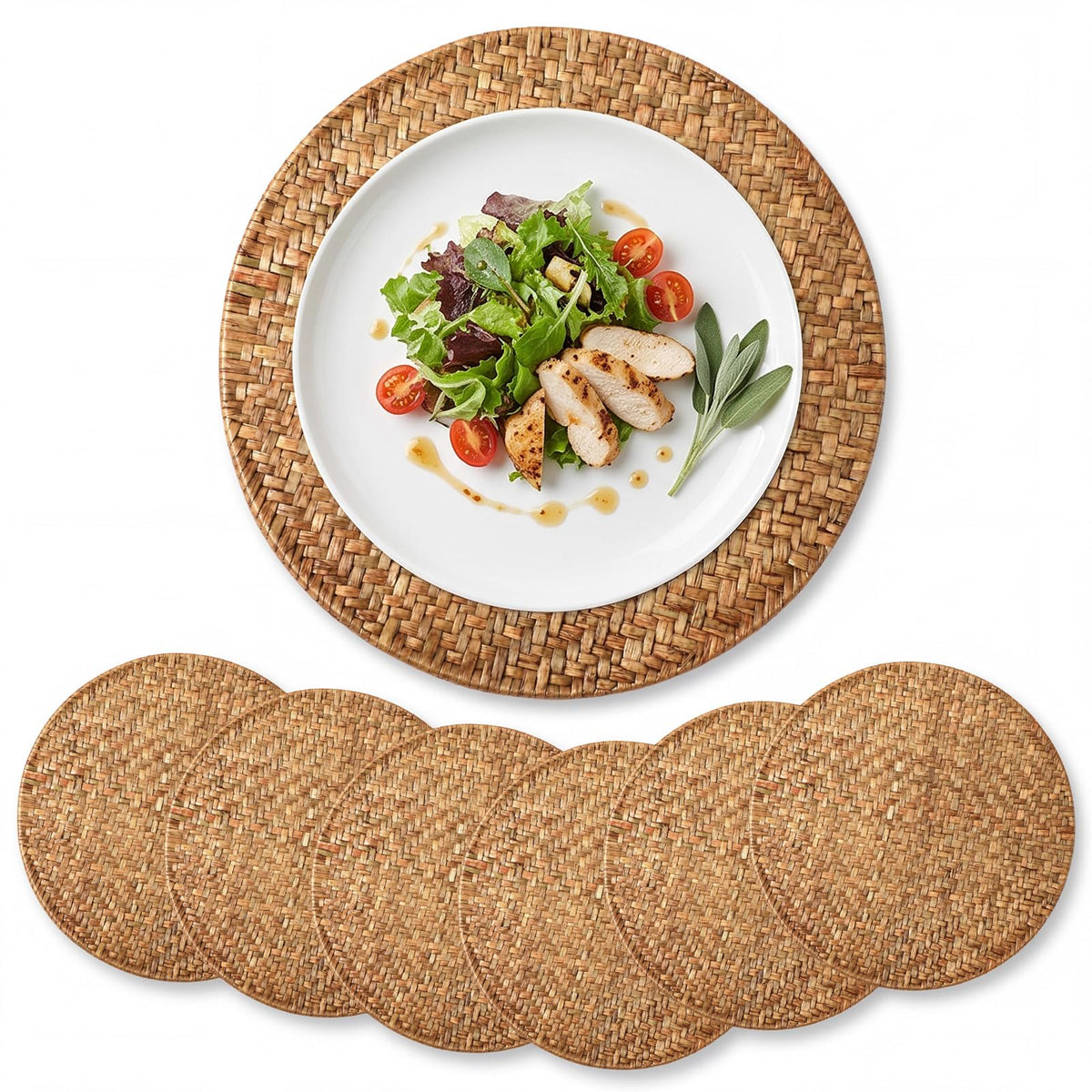 6 Set 13 Inch Rattan Round Placemats Natural Seagrass Woven Placemats Stained Brown Rattan Wicker Table Mats Boho