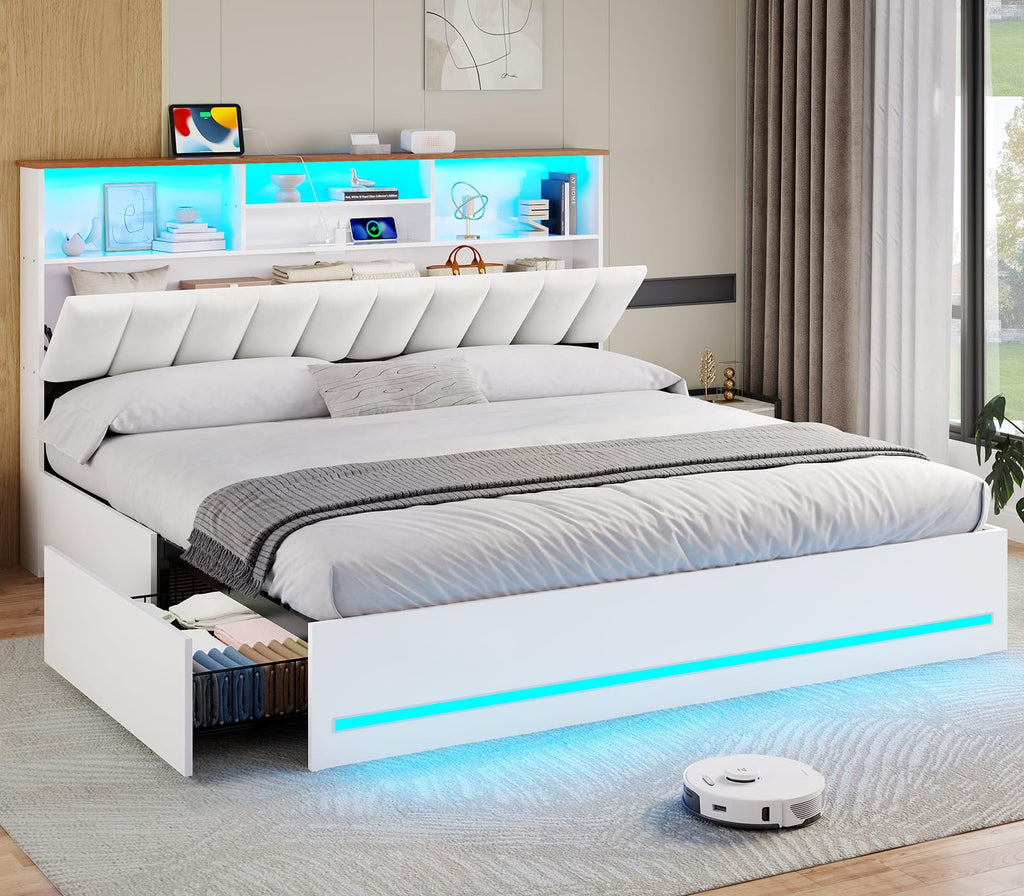 King Size Bed Frame with Bookcase Headboard, Wooden Bed Frame King Size with Charging Station, 4 Storage Drawers and