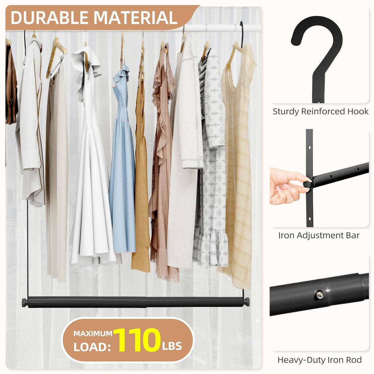Adjustable Closet Rod for Hanging Clothes, 2 Pack Black