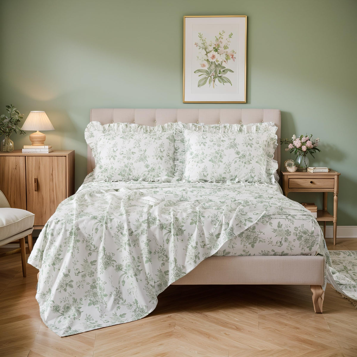 Ruffle Sheet Set - Grandmillennial Floral Bed Sheets, Vintage Botanical Toile Floral Print in Sage Green, Peony