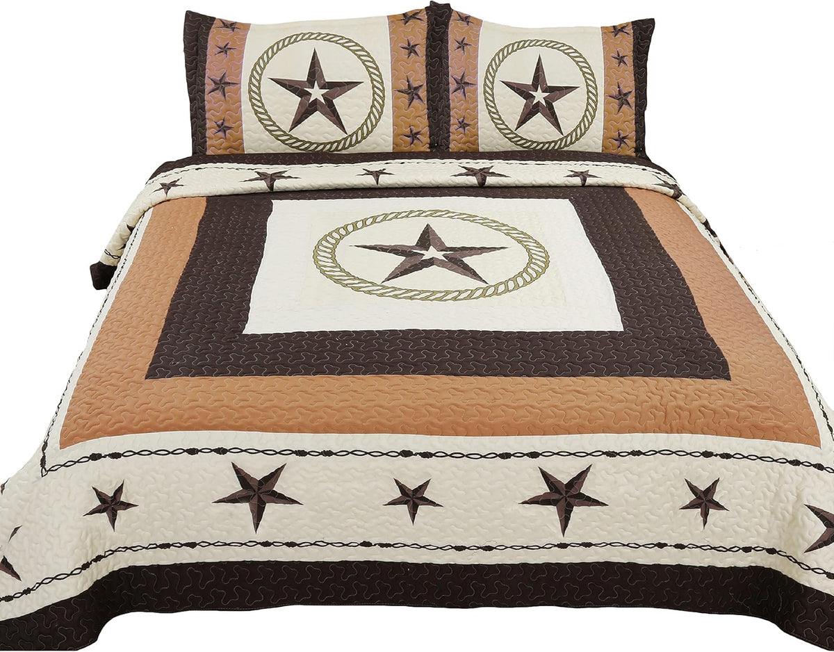 Peak 3 Piece Western Texas Lone Star Cabin Lodge Barb Wire Luxury Quilt Bedspread Coverlet Comforter Brown Beige Set