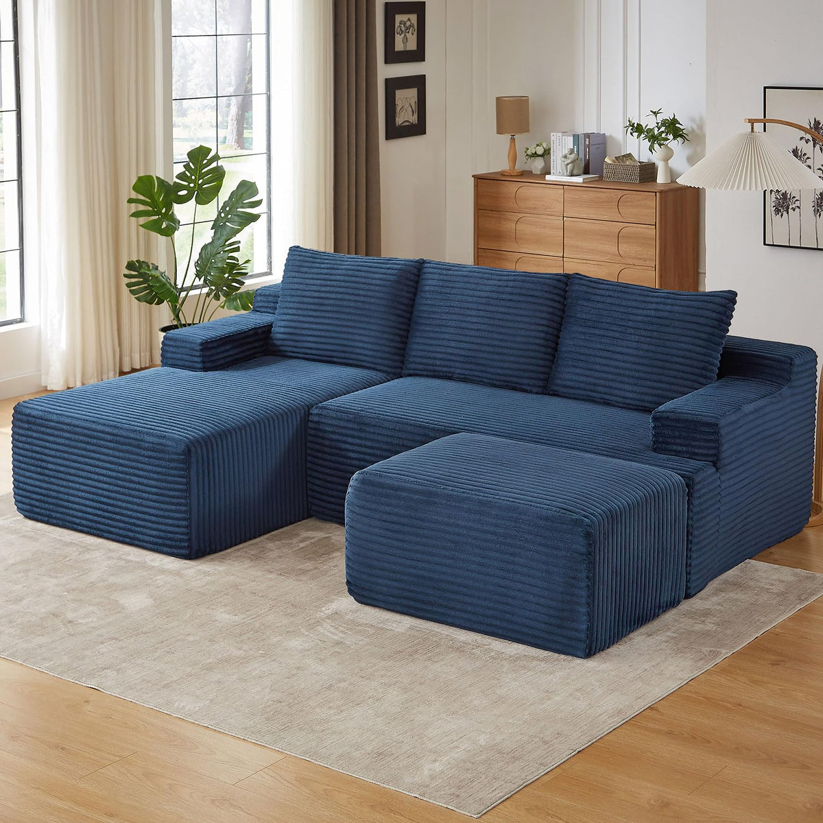 96" Cloud Sectional Couch with U-Shaped Chaise, Corduroy Sectional Sofa with Ottoman, Deep Seat Boneless Couch, No