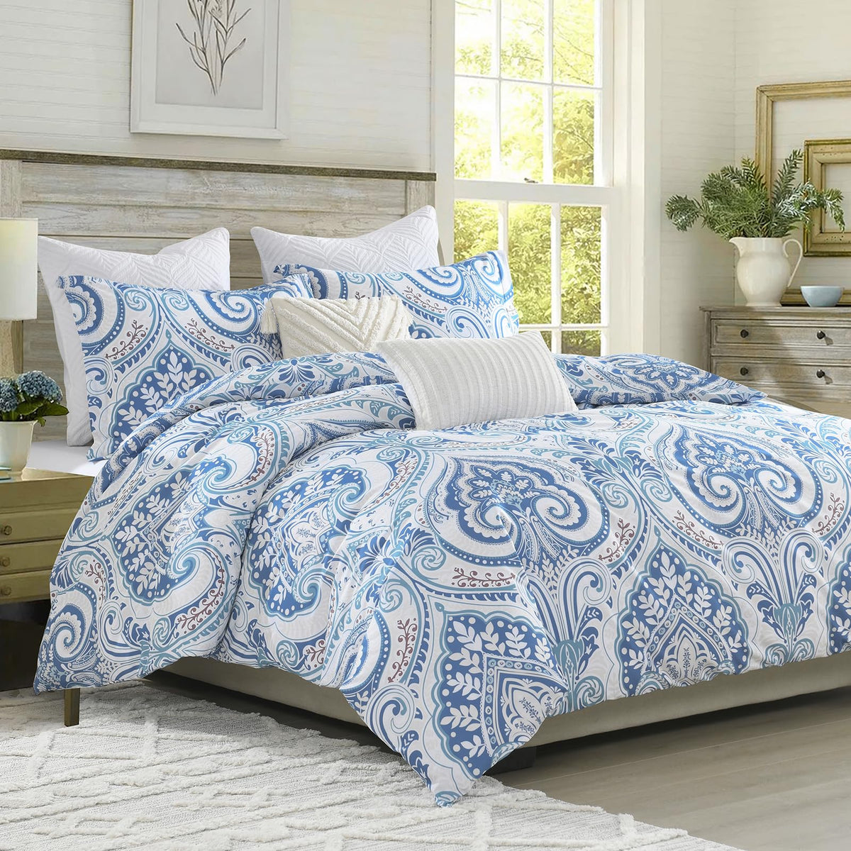 100% Cotton Duvet Cover Queen Size - Blue Damask Queen Duvet Cover Set with Zipper Closure & 8 Corner Ties, 3 Pieces