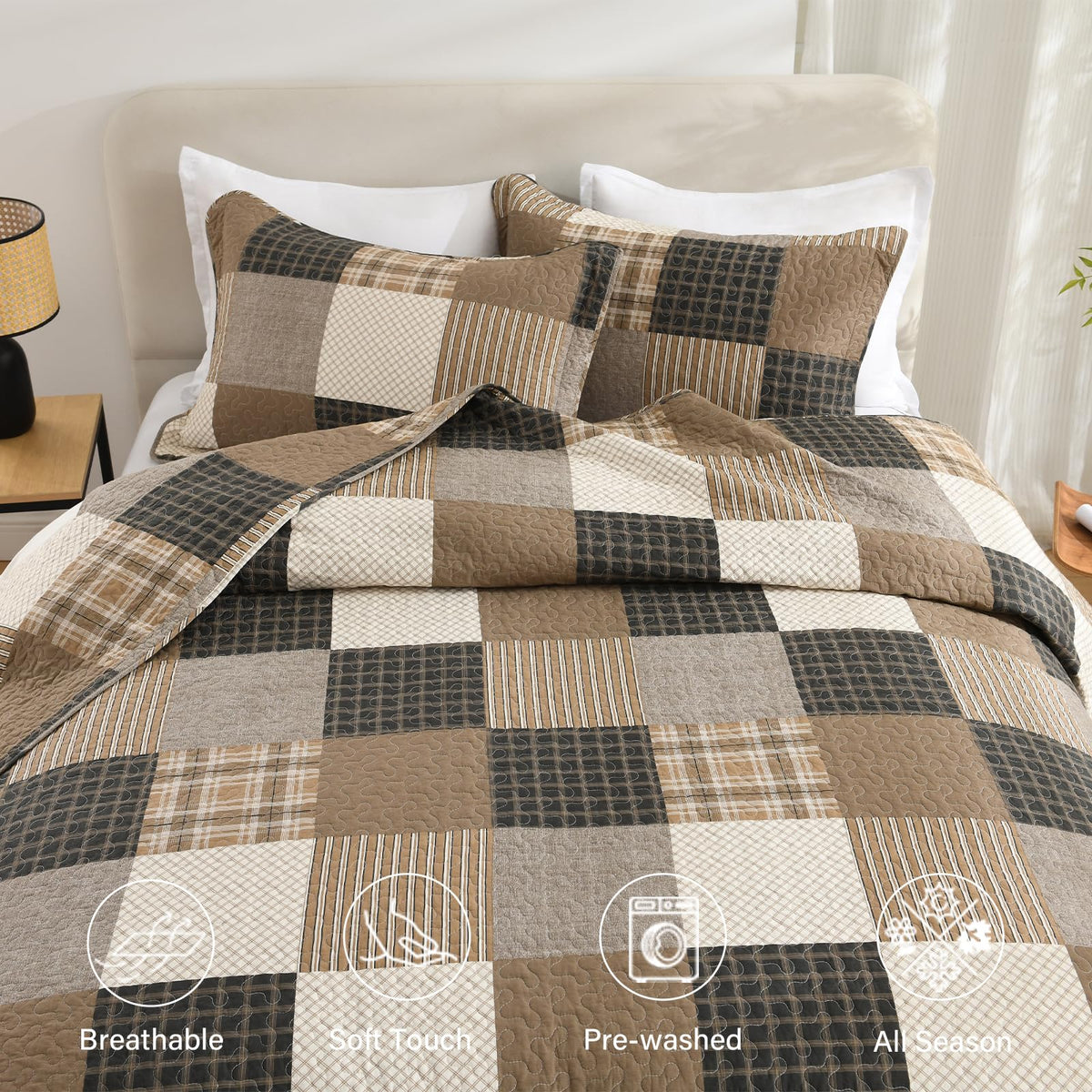 Quilt Set, Farmhouse Plaid Comforter, Cotton Quilted Bedspread, Charcoal Beige Brown Lightweight