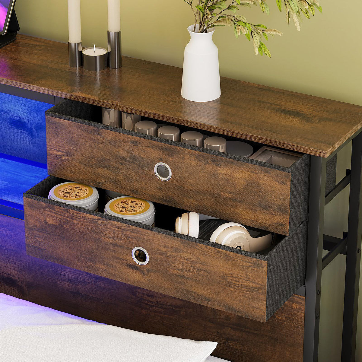 Headboard with 4 Fabric Storage Drawers Charging Station LED Light Adjustable Height Storage Rack Sturdy