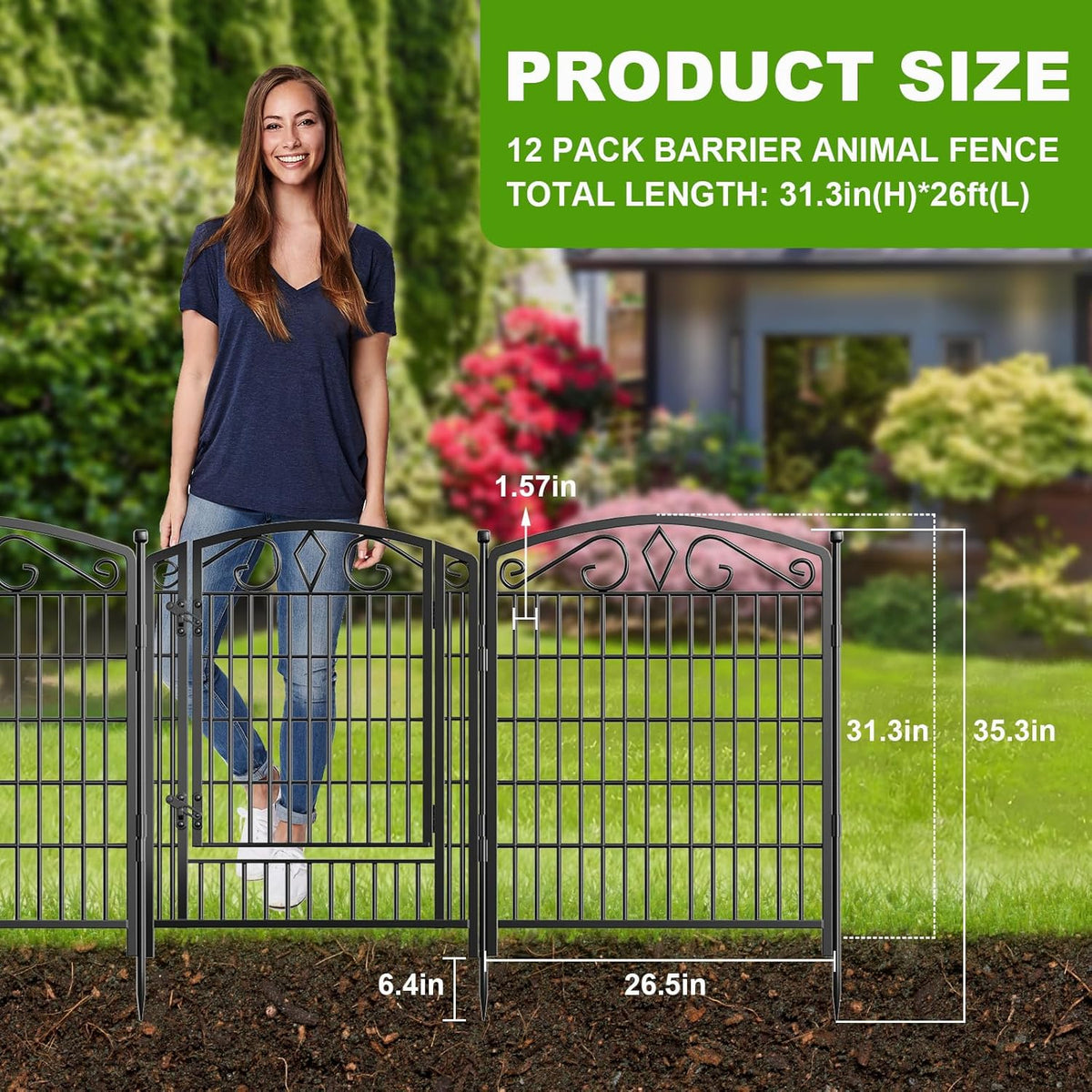 12 Panels No Dig Decorative Garden Fence with Gate, 31.3in(H) x 26ft(L) Rustproof Animal Barrier Metal Dog Fence