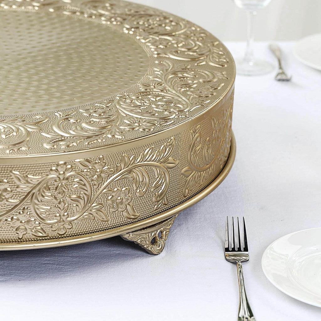 22" Gold Round Embossed Metal Cake Plateau, Large Wedding Cake Stand Riser for Reception & Banquet