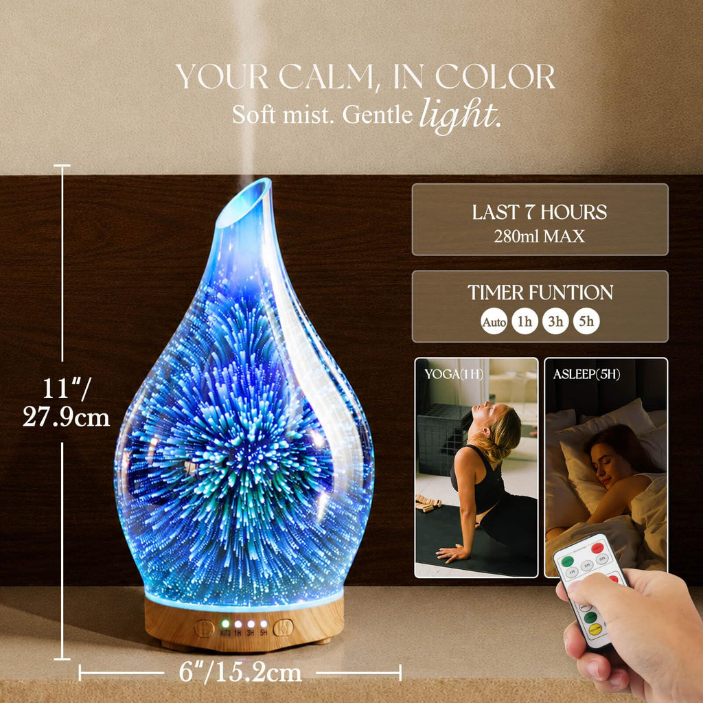 280ml Remote Essential Oil Diffuser 3D Glass Ultrasonic Mist 7H