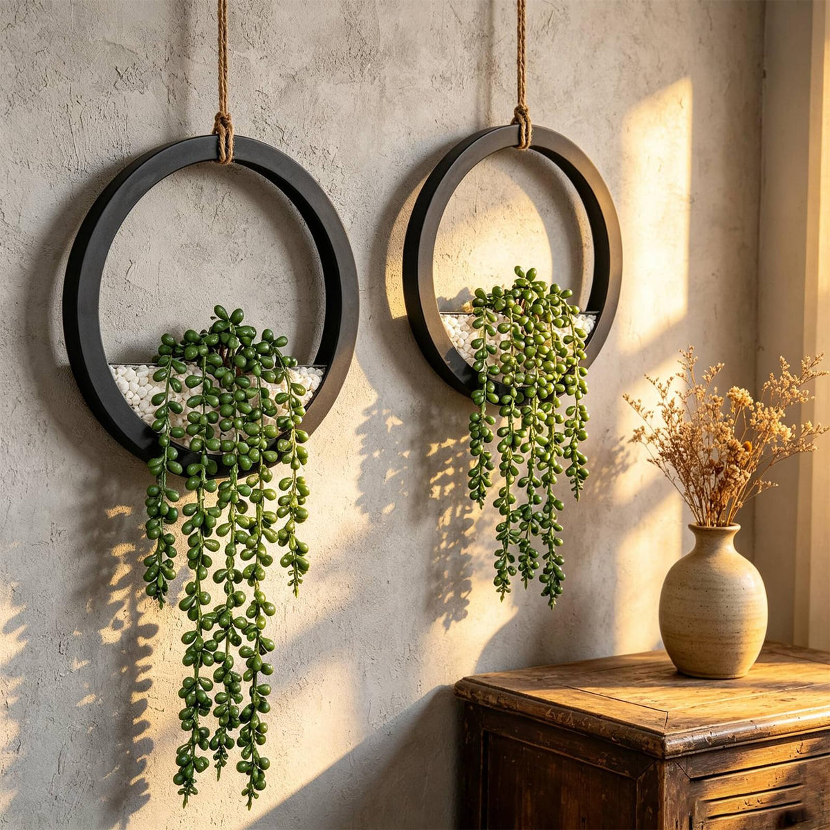 Boho Wall Decor, 2Pcs Fake Hanging Plants Artificial Succulents, Indoor Hanging Planter Greenery Decor, Perfect