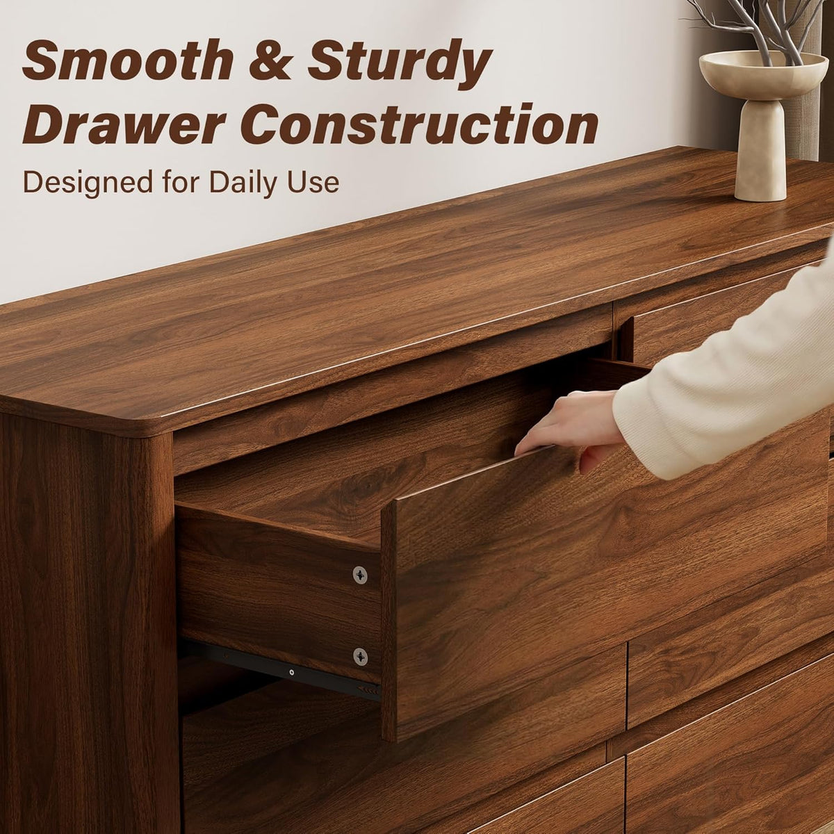 55" Mid-Century Modern Dresser , 6 Drawer Wide Chest of Drawers with Wood Legs, Large Storage Bedroom Dresser, Walnut
