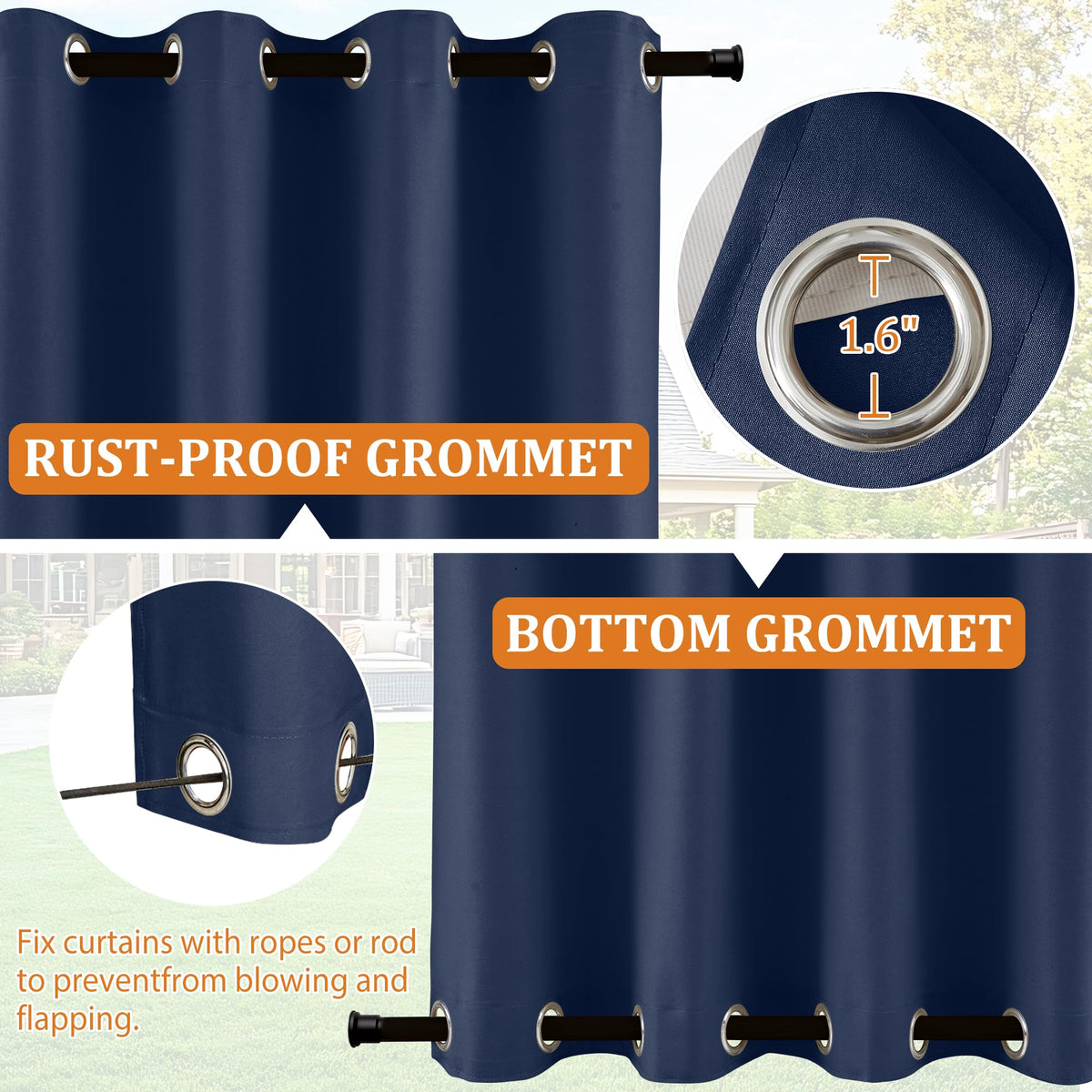 Curtains Waterproof 2 Panels Blackout Extra Wide Curtains with Zipper Top & Bottom Grommet Sun Blocking Outdoor