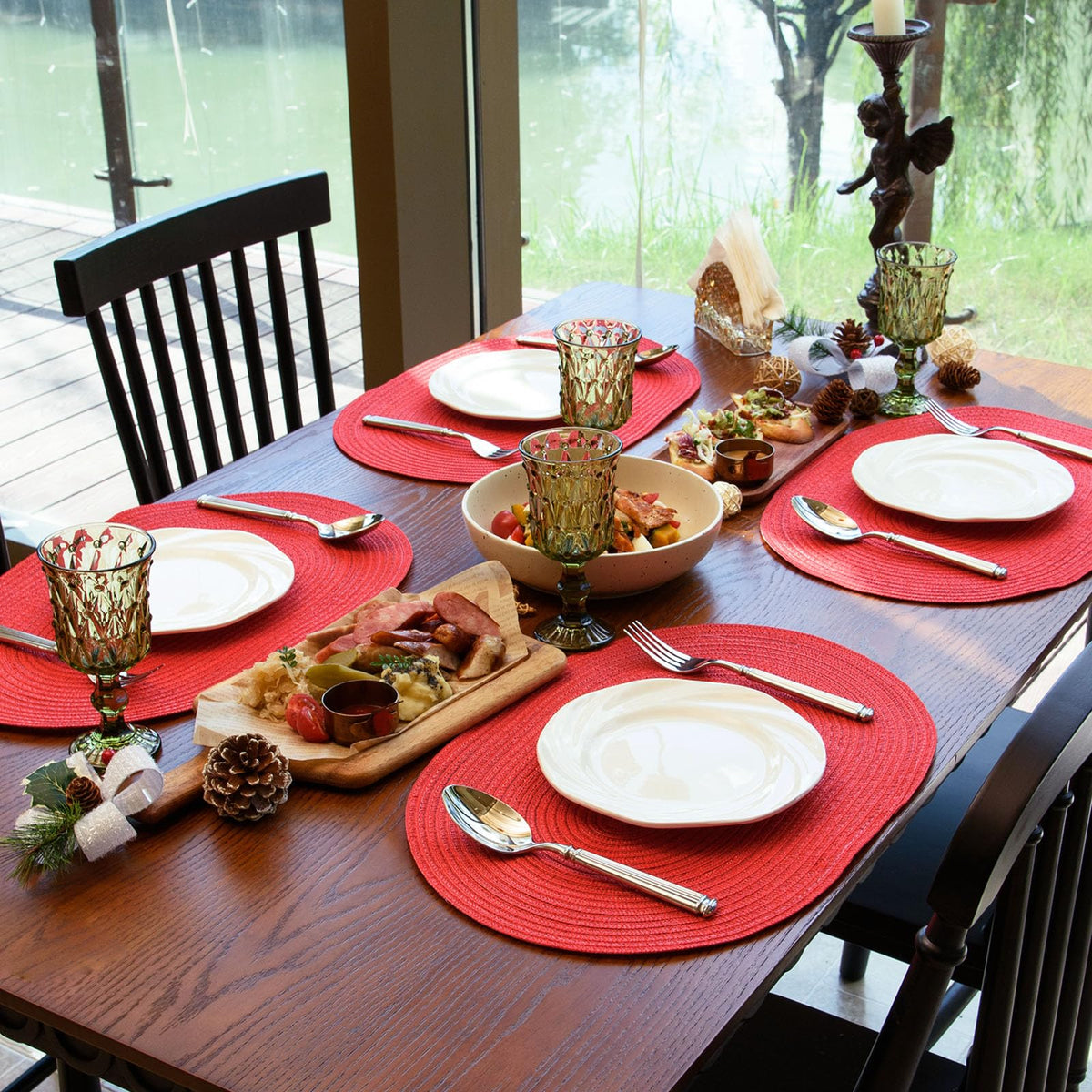 Placemats Set of 6, Woven Oval Braided Dining Table Mats(Red Shine)