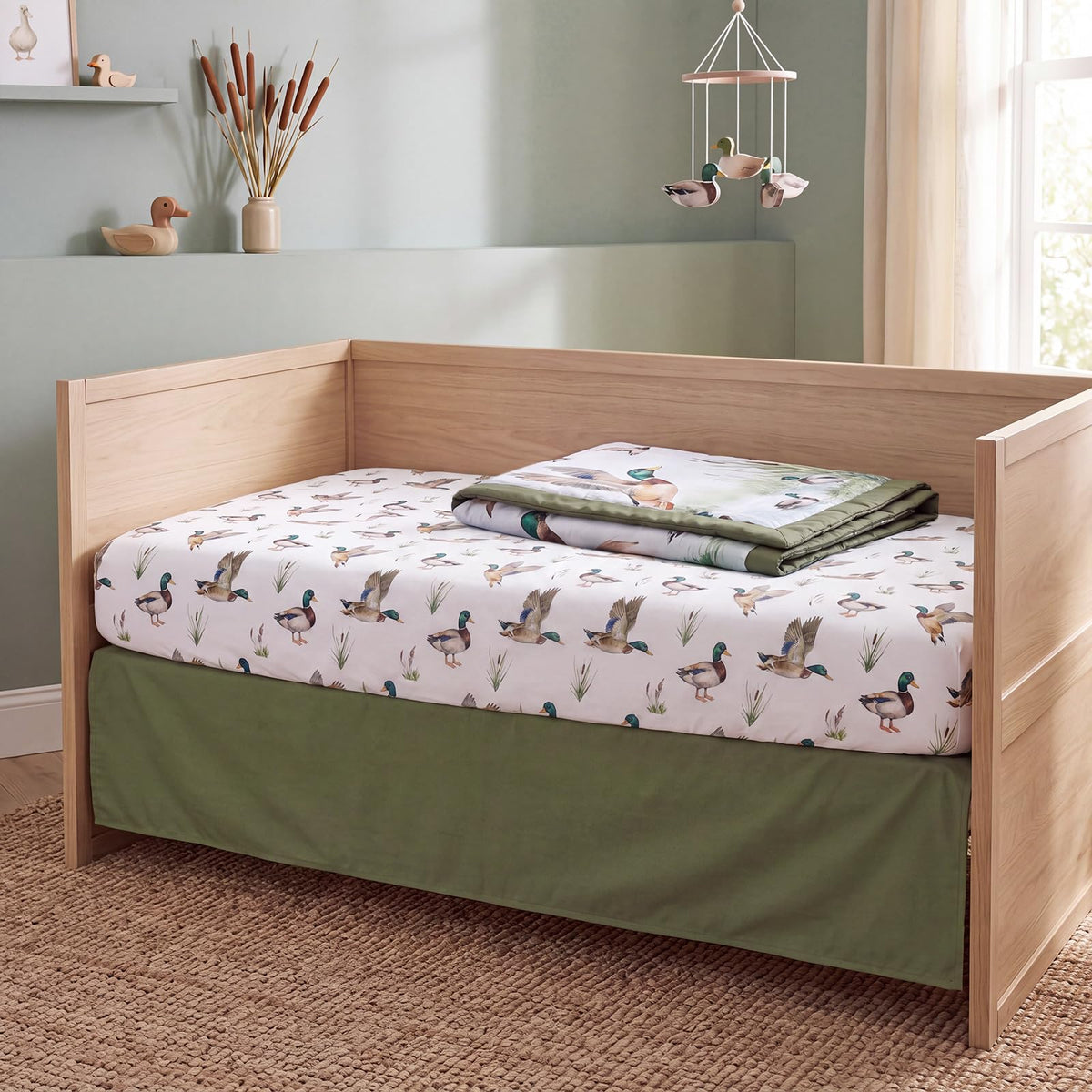 3 Pcs Mallard Duck Crib Sheet Set Baby Crib Bedding Set Includes 52"x28" Fitted Sheet, Quilt, Bed Skirt for Newborn