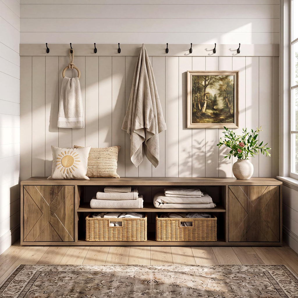63" Shoe Storage Bench, Farmhouse Entryway Bench with Storage